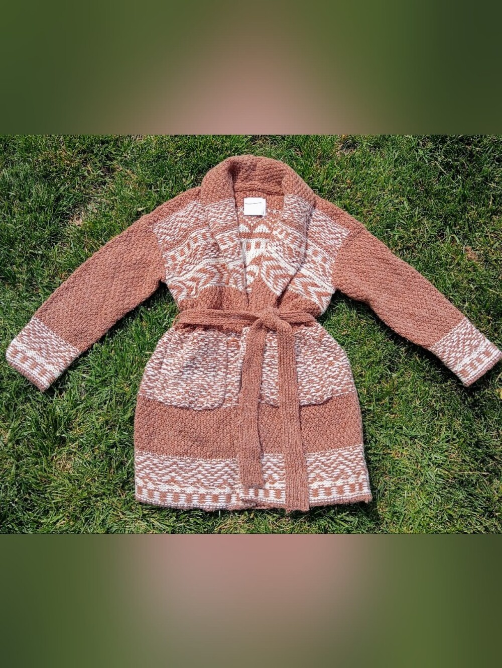 Lucky Brand Chunky Fair Isle Belted Cardigan Sweater - Rust / Cream